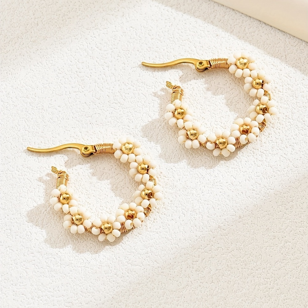 Boho Stainless Steel Beaded Flower Hoop Earrings